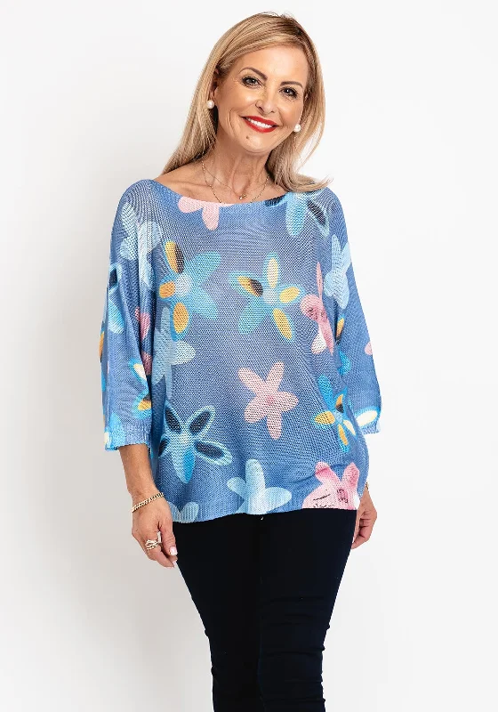 Serafina Collection One Size Floral Print Sweater, Blue Terry Terry Cloth Terry Knit Serafina Collection One Size Floral Print Sweater, Blue Terry Terry Cloth Terry Knit