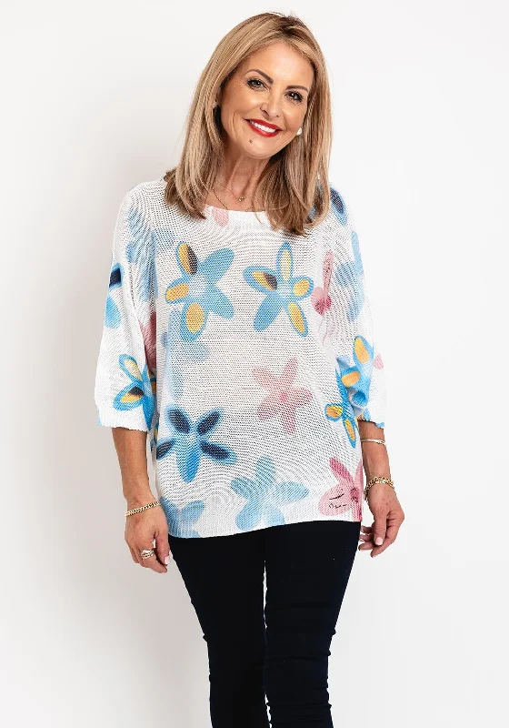 Serafina Collection One Size Floral Print Sweater, White Tailored Straight A-Line