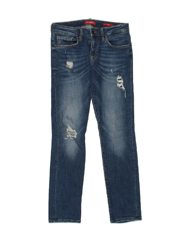 GUESS Womens Distressed Skinny Jeans W31 L31 Blue Cotton Fashionable Raw Hemmed Jeans GUESS Womens Distressed Skinny Jeans W31 L31 Blue Cotton Fashionable Raw Hemmed Jeans