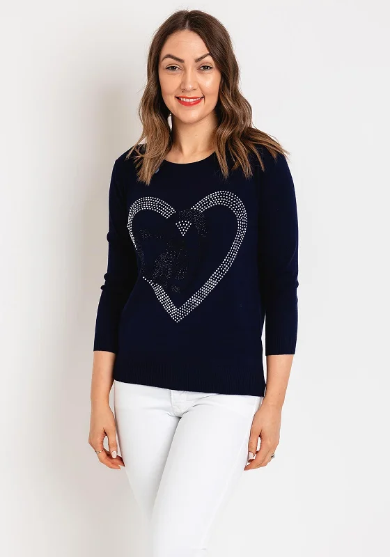 Natalia Collection Rhinestone Heart Sweater, Navy Solid Color Striped Floral Print