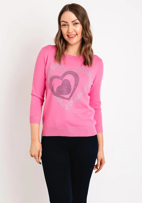 Natalia Collection Rhinestone Heart Sweater, Pink Stretchy Elastic Breathable