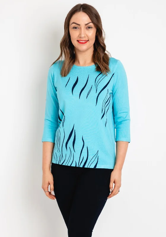Natalia Collection Rhinestone Print Sweater, Aqua Iron Safe Non-Iron Wrinkle Free