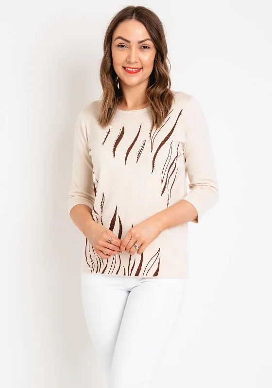 Natalia Collection Rhinestone Print Sweater, Beige Modern Contemporary Chic