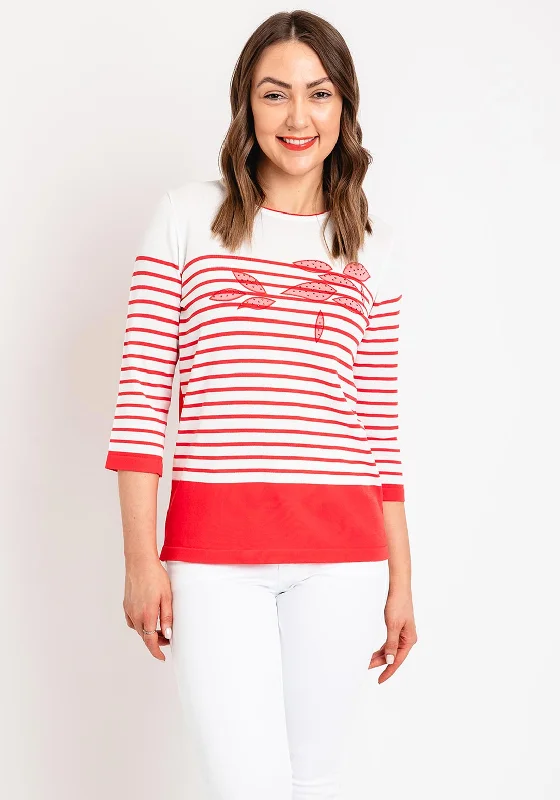 Natalia Collection Rhinestone Striped Sweater, Coral & Ivory Handmade Hand-knitted Hand-woven Natalia Collection Rhinestone Striped Sweater, Coral & Ivory Handmade Hand-knitted Hand-woven