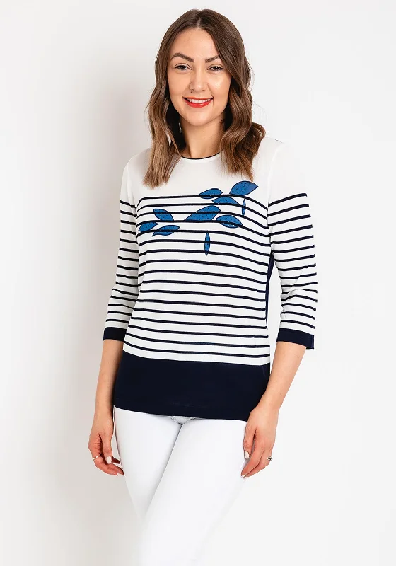 Natalia Collection Rhinestone Striped Sweater, Navy & Ivory Graphic Sweater Embroidered Appliqued Natalia Collection Rhinestone Striped Sweater, Navy & Ivory Graphic Sweater Embroidered Appliqued