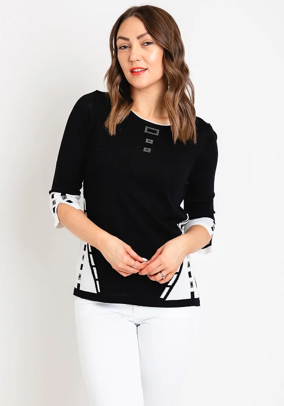 Natalia Collection Rhinestone Detail Sweater, Black Collared Crew Neck Turtle Neck