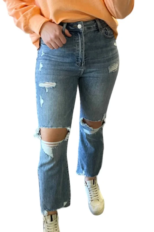 High Rise Ankle Flare Jeans In Medium Wash Trendy Low-Rise Slim Jeans