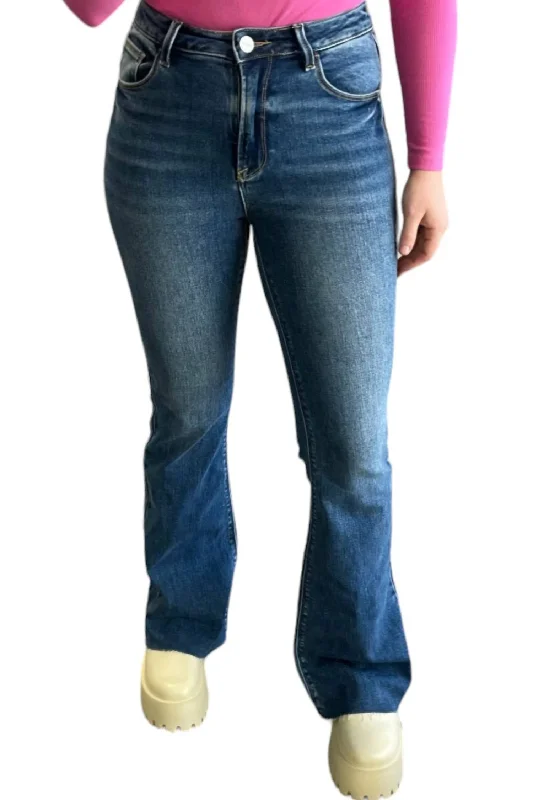 High Rise Raw Cut Flare Jeans In Dark Wash Fashionable Cropped Denim Jeans