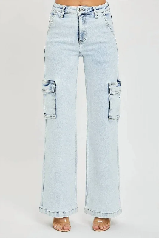 High Rise Wide Cargo Jeans In Light Wash Casual Straight-Leg Jeans