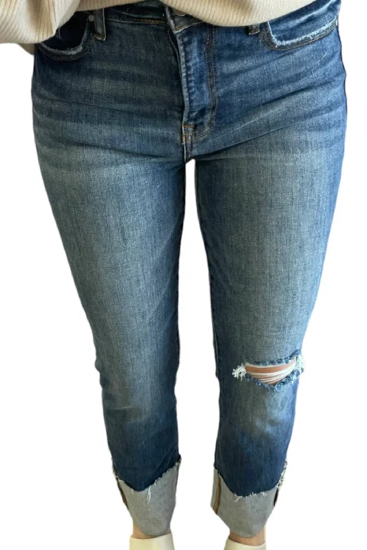 High Rise Wide Cuffed Jeans In Dark Wash Trendy Paperbag Waist Jeans