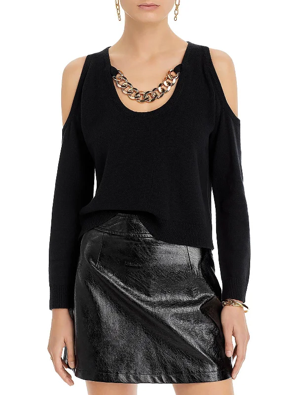 Indy Womens Cold Shoulder Chain Pullover Sweater Mesh Blend Leather Blend Suede Blend Indy Womens Cold Shoulder Chain Pullover Sweater Mesh Blend Leather Blend Suede Blend