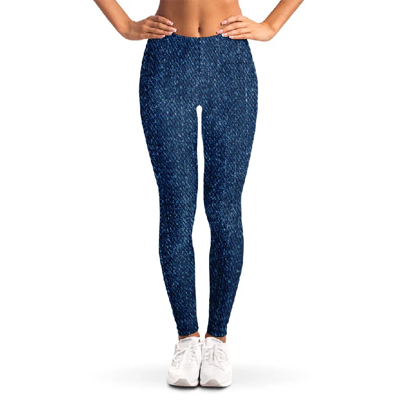 Navy Blue Denim Jeans Print Women's Leggings Elegant Bootcut Fit Jeans