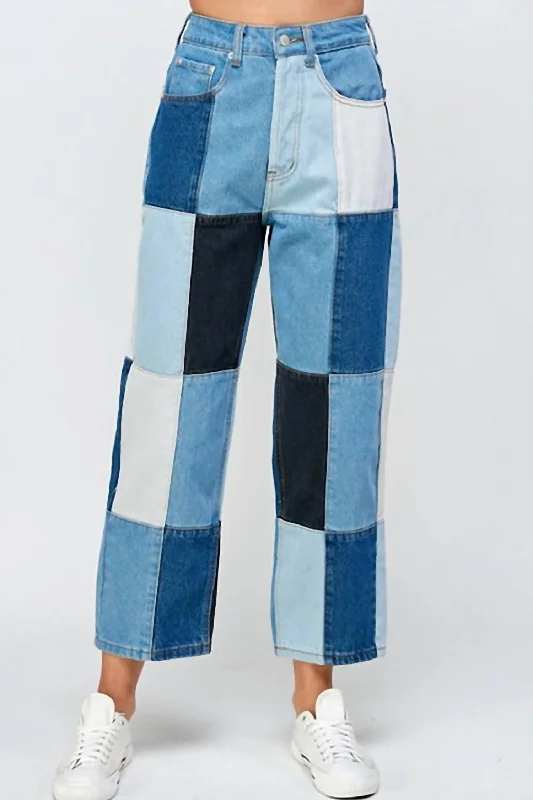 Patchwork Straight Jeans In Mixed Blue Denim Elegant Skinny Leg Jeans