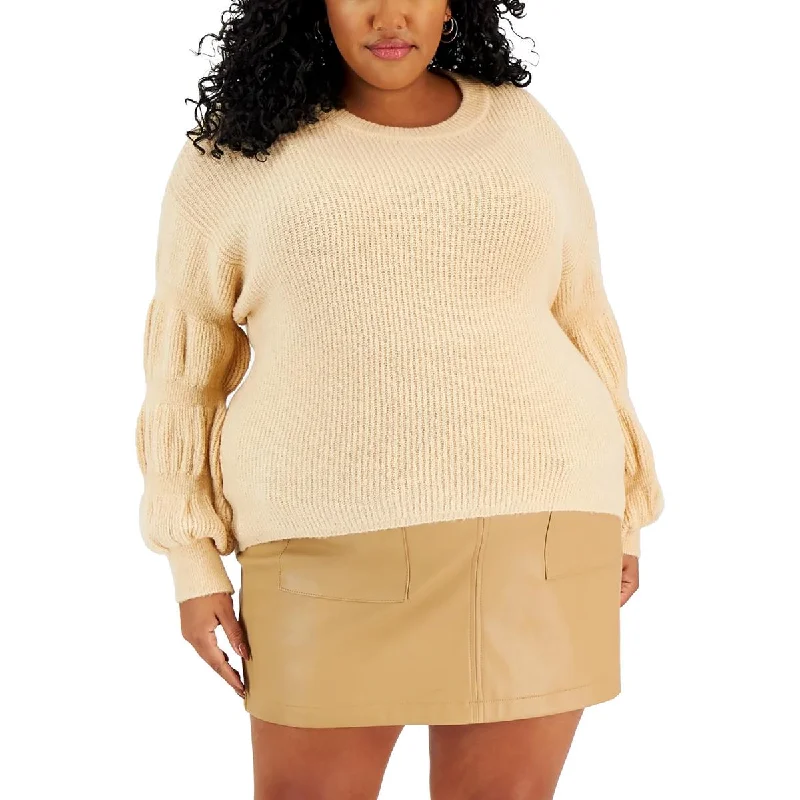 Plus Womens Knit Puff Sleeve Pullover Sweater Mesh Sweater Canvas Denim