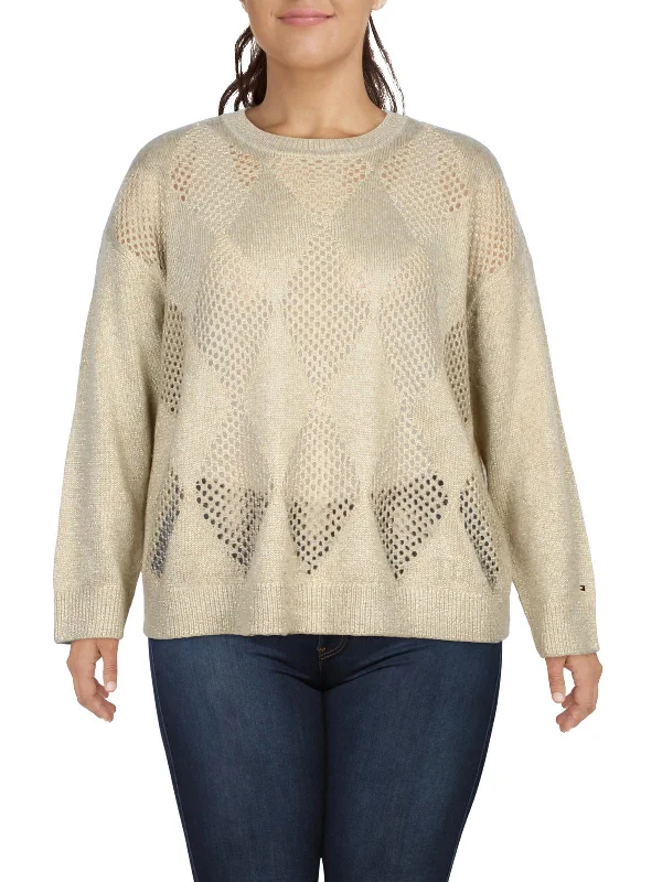 Plus Womens Open Stitch Argyle Crewneck Sweater Fleece Fabric Down Fabric Feather Fabric