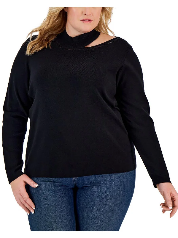 Plus Womens Sequined Mock Neck Pullover Sweater Fitted Loose Oversized