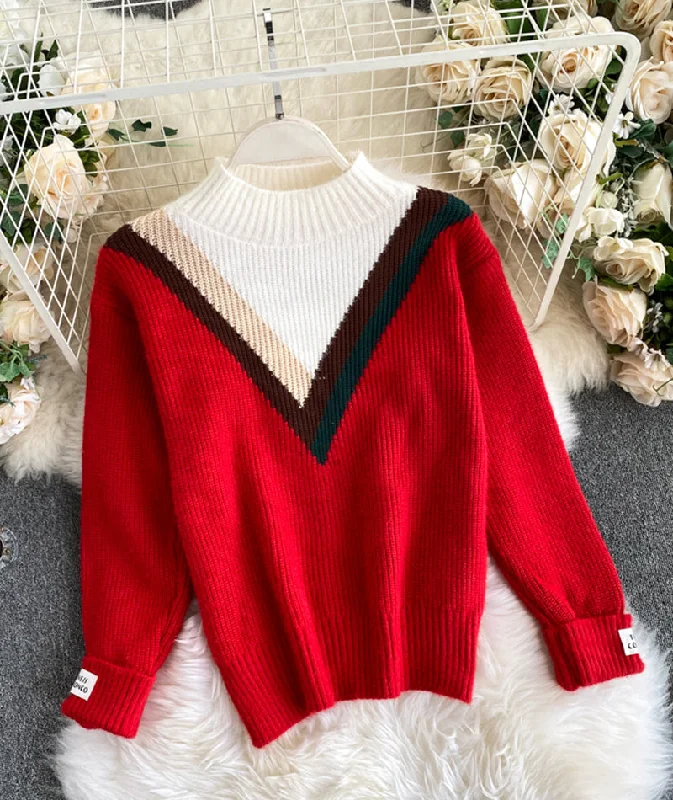 Red round neck long sleeve sweater  067 Beaded Sweater Sequined Faux Fur
