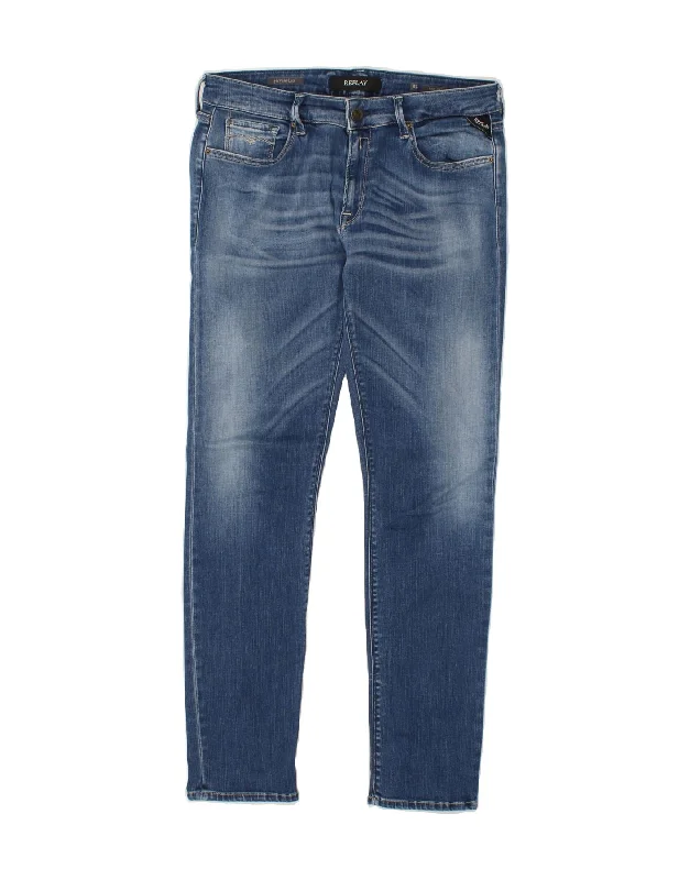 REPLAY Womens New Luz Slim Jeans W32 L30 Blue Cotton Stylish Stone-Wash Denim Jeans