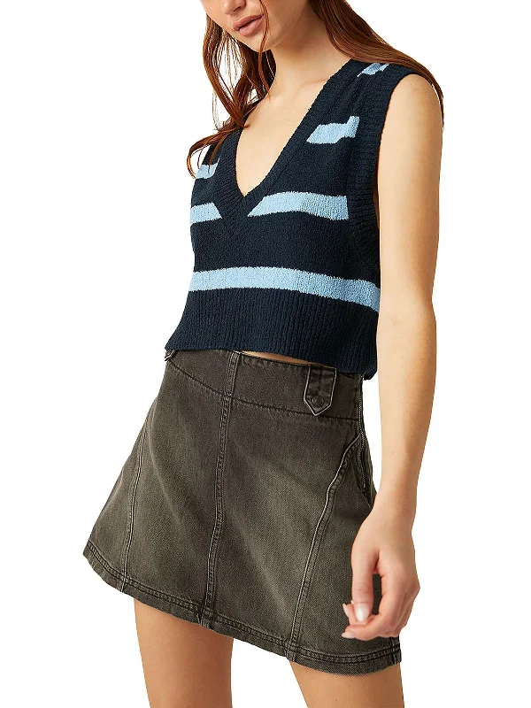 Santa Monica Womens V Neck Striped Crop Sweater Solid Print Embellished