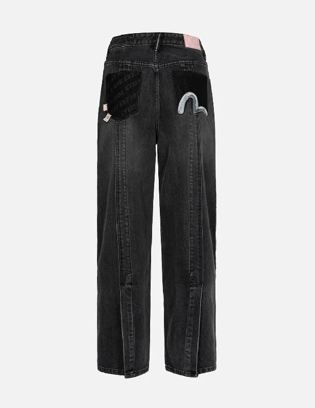 Seagull Embroidery with Logo-pattern Pocket Wide-leg Denim Jeans Stylish High-Waist Skinny Denim Seagull Embroidery with Logo-pattern Pocket Wide-leg Denim Jeans Stylish High-Waist Skinny Denim