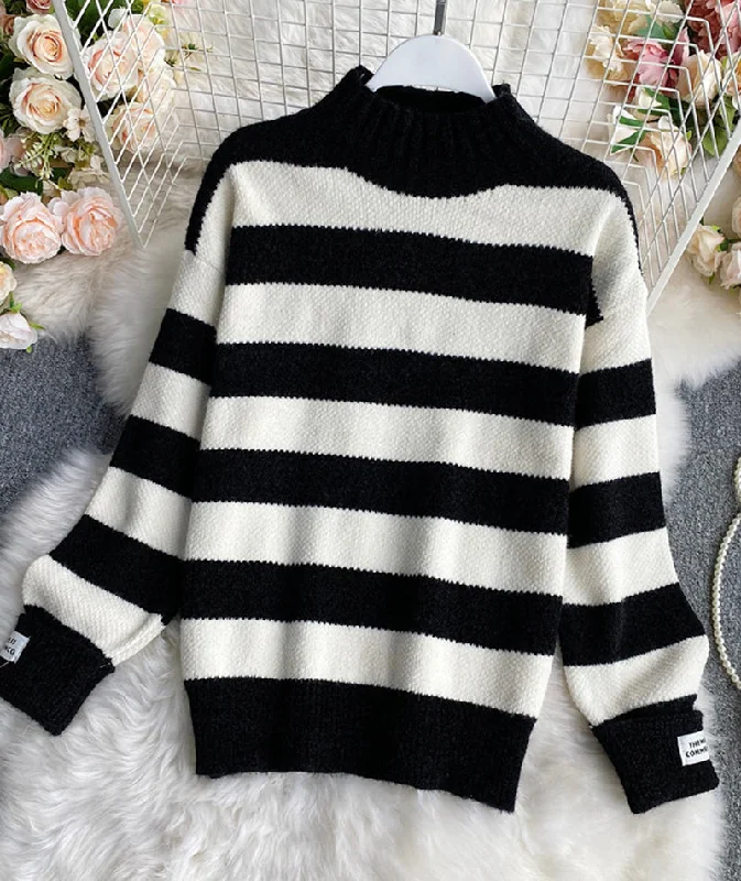 Simple stripe long sleeve sweater  060 Iron Safe Non-Iron Wrinkle Free