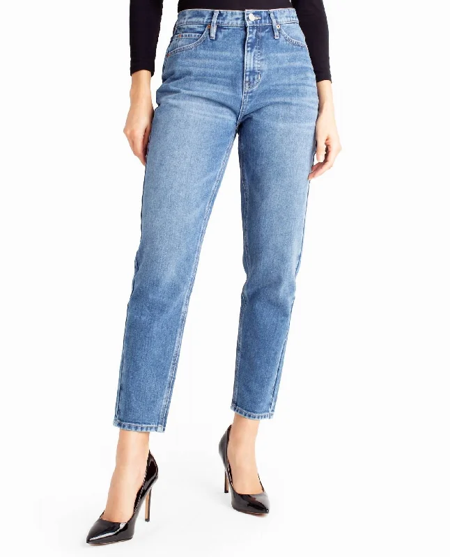 Sunnyside High Rise Taper Leg Jean In Dark Blue Comfortable Faded High-Rise Jeans