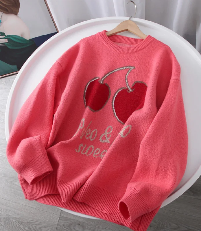 Sweater cute cherry love long sleeve sweater  046 Boxy Sweater Fitted Sweater A-Line