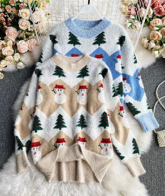 Sweater cute Christmas pattern sweater  059 Solid Print Embellished
