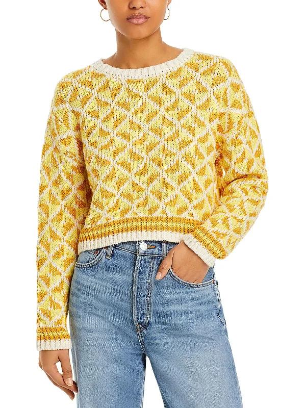The Itsy Womens Knit Crewneck Crop Sweater Mesh Blend Leather Blend Suede Blend