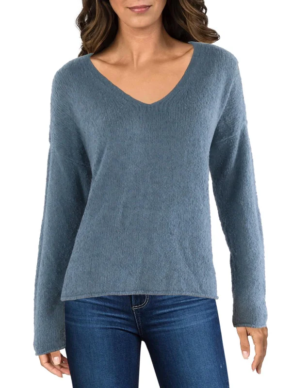 Womens Boucle Rolled Hem V-Neck Sweater Boxy Sweater Fitted Sweater A-Line