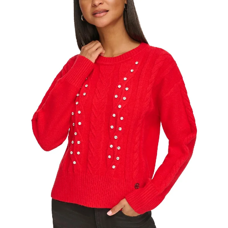 Womens Cable Knit Embellished Pullover Sweater Collared Crew Neck Turtle Neck