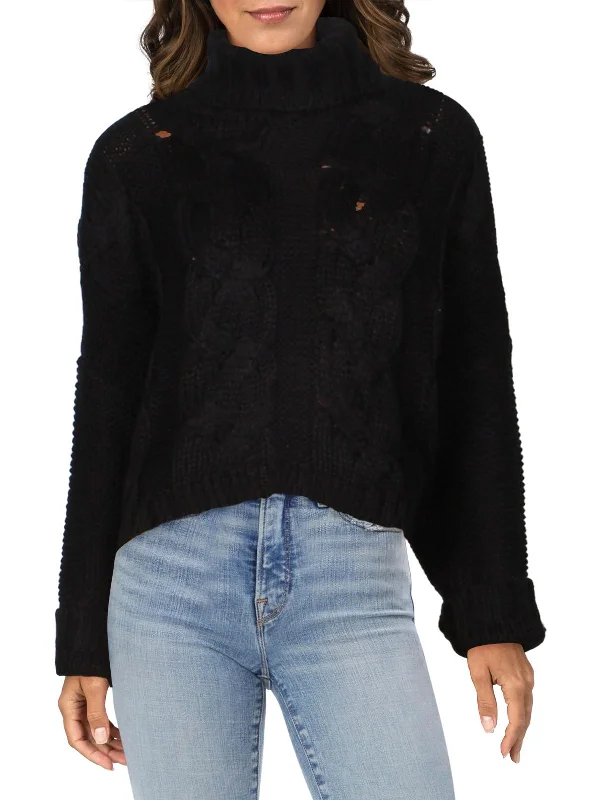 Womens Cable Knit Long Sleeves Turtleneck Sweater Terry Blend Velvet Blend Canvas Blend