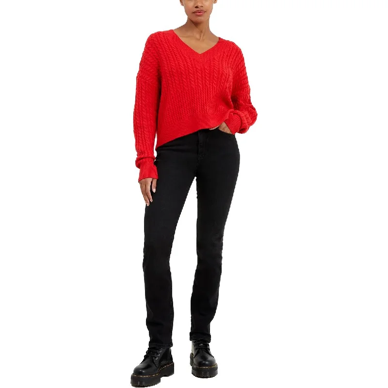 Womens Cable Knit V-Neck Pullover Sweater Knit Fabric Woven Fabric Fleece Fabric