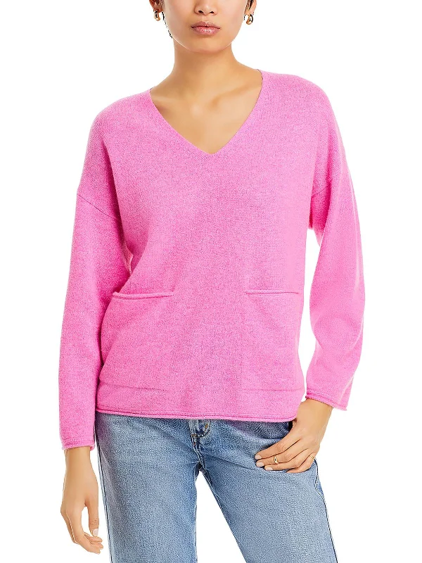 Womens Cashmere Ribbed Trim Pullover Sweater Bright Pastel Dark