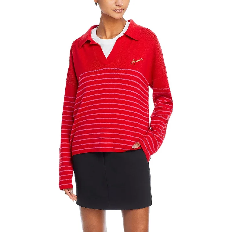 Womens Collar Logo Pullover Sweater Silk Blend Satin Velvet