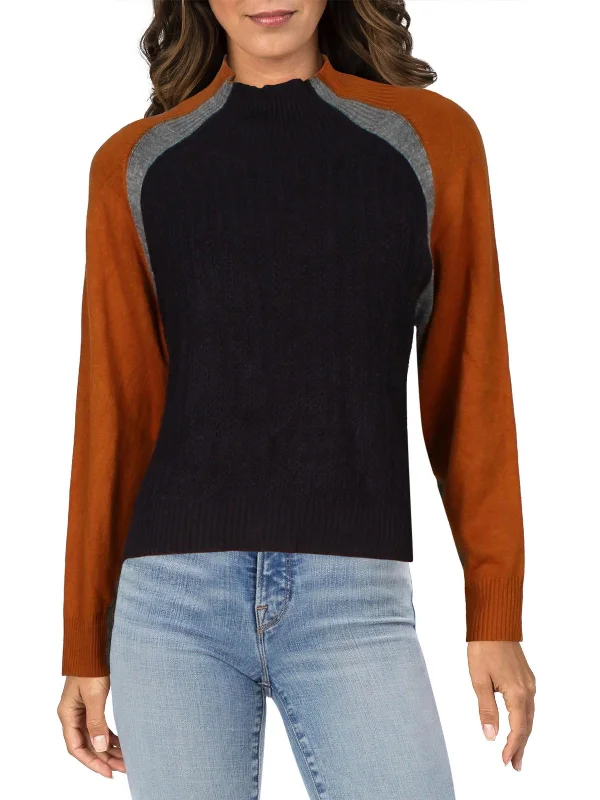 Womens Colorblock Pullover Mock Turtleneck Sweater Fitted Loose Oversized