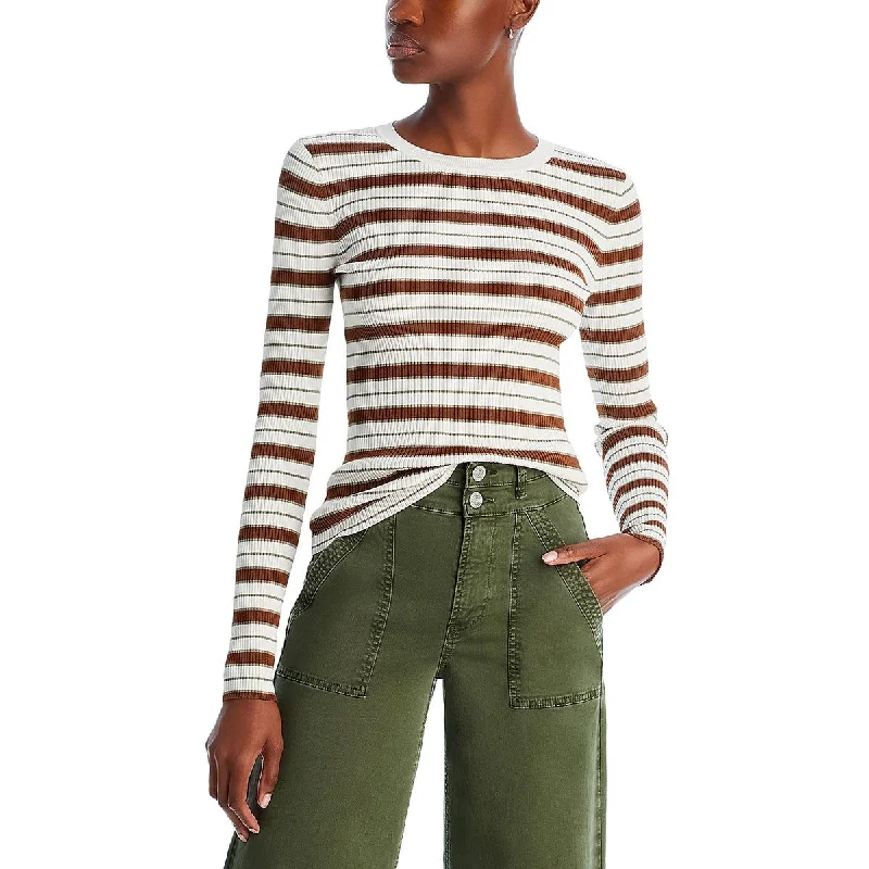 Womens Crewneck Striped Pullover Sweater Beaded Sweater Sequined Faux Fur