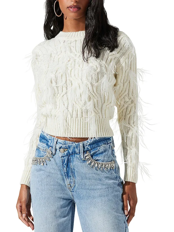 Womens Knit Feathers Pullover Sweater Collared Crew Neck Turtle Neck