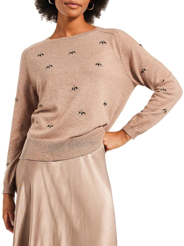 Womens Knit Jeweled Pullover Sweater Cable Knit Ribbed Knit Lace Knit