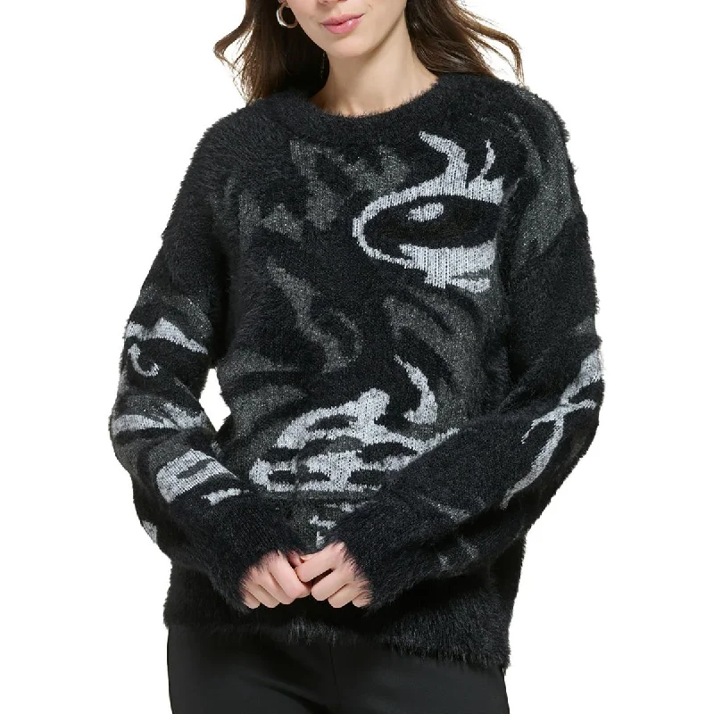 Womens Knit Printed Pullover Sweater Welt Pockets Slit Pockets Flap Pockets