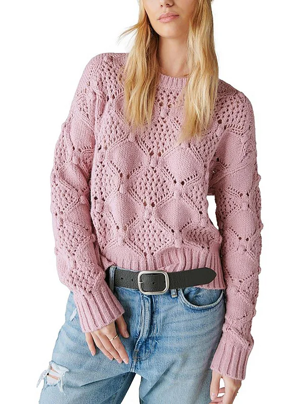 Womens Knit Ribbed Trim Crewneck Sweater High Neck Crew Neck V-Neck