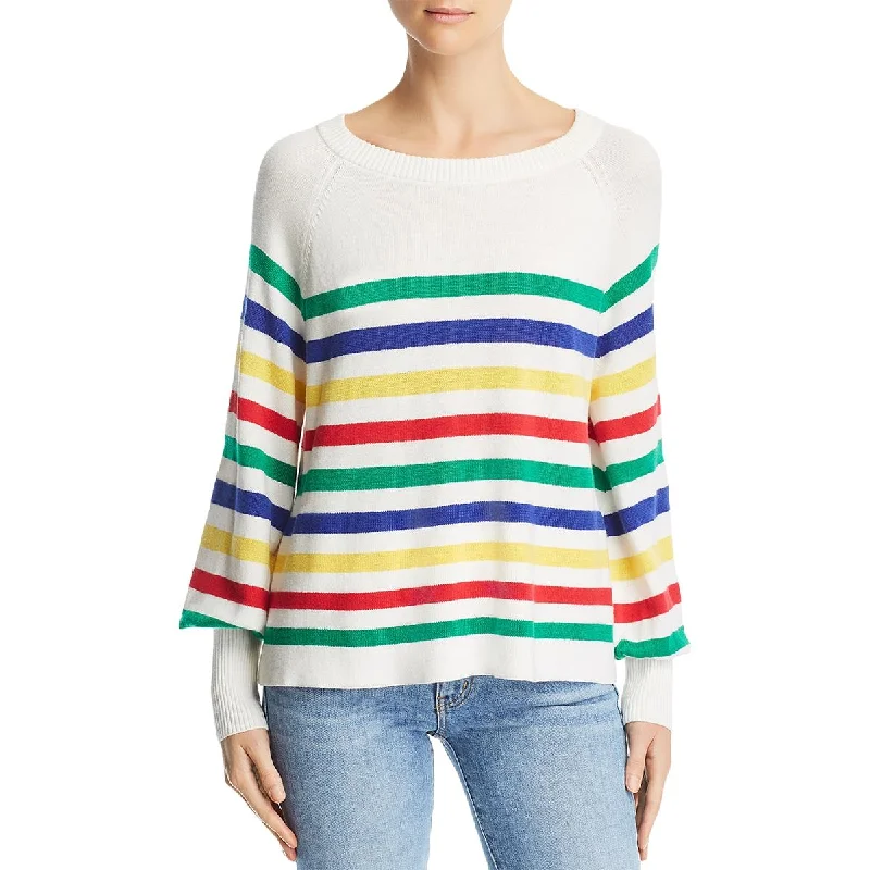 Womens Knit Striped Pullover Sweater Glossy Satin Silk