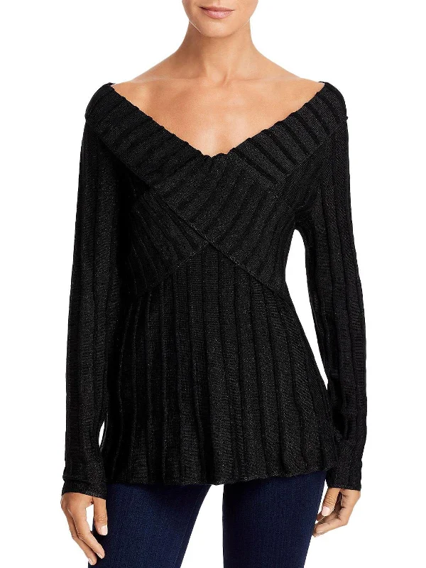 Womens Lurex Off The Shoulder Pullover Sweater Seamless Knitted Crochet