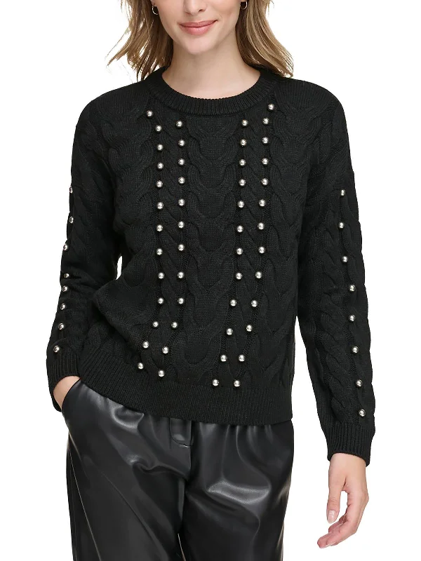 Womens Metallic Beaded Crewneck Sweater Real Fur Shearling Chenille