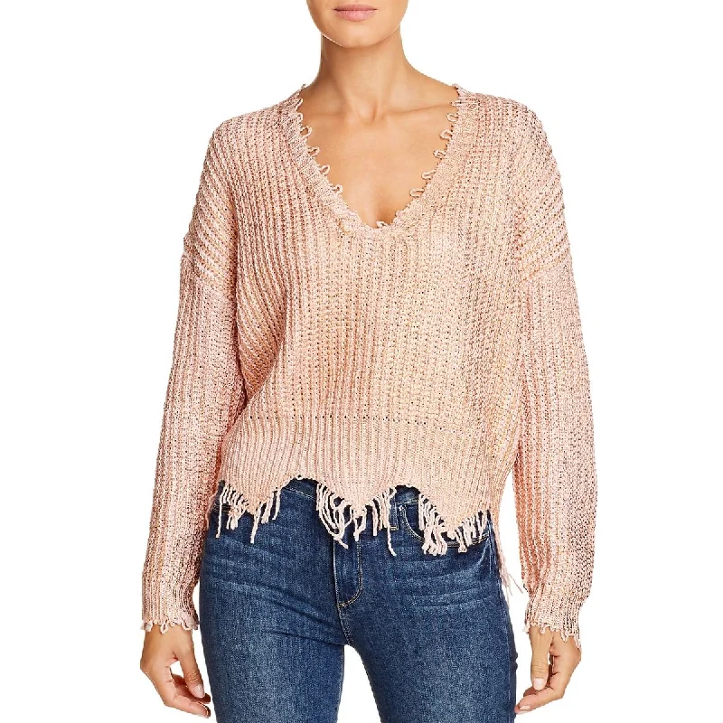 Womens Metallic Distressed V-Neck Sweater Transparent Opaque Sheer