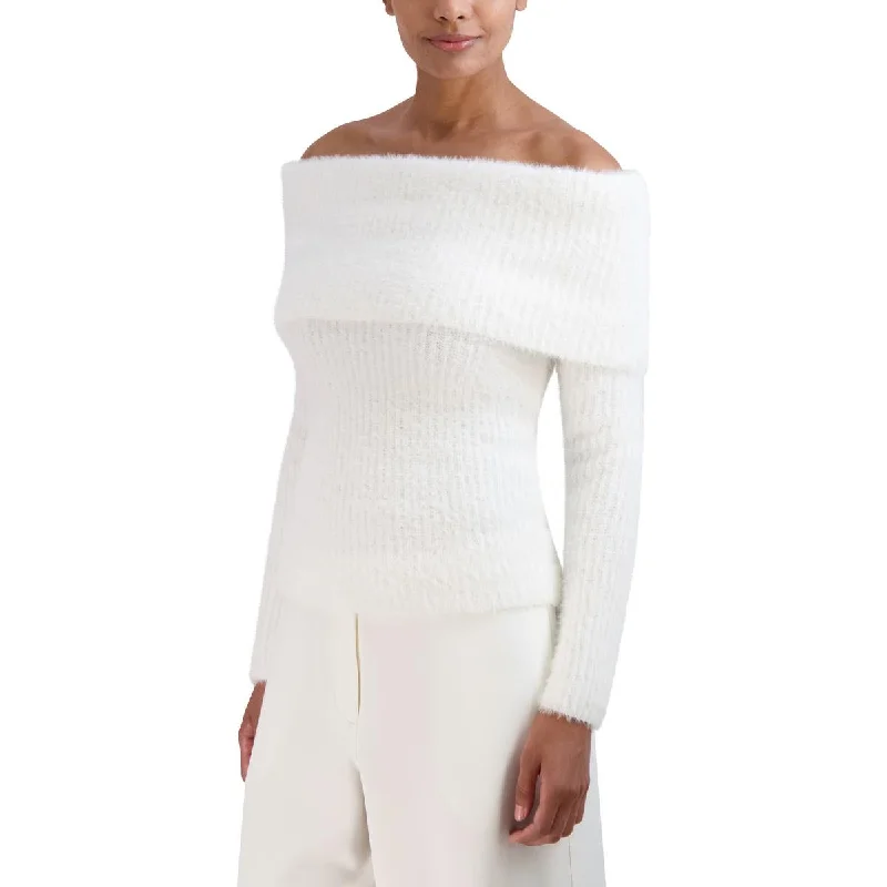Womens Off-the-Shoulder Ribbed Pullover Sweater Mesh Fabric Canvas Fabric Denim Fabric