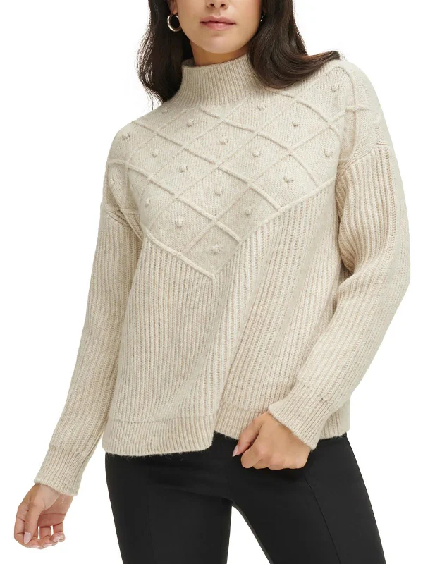 Womens Popcorn Stitch Mock Neck Pullover Sweater Elasticated Padded Insulated