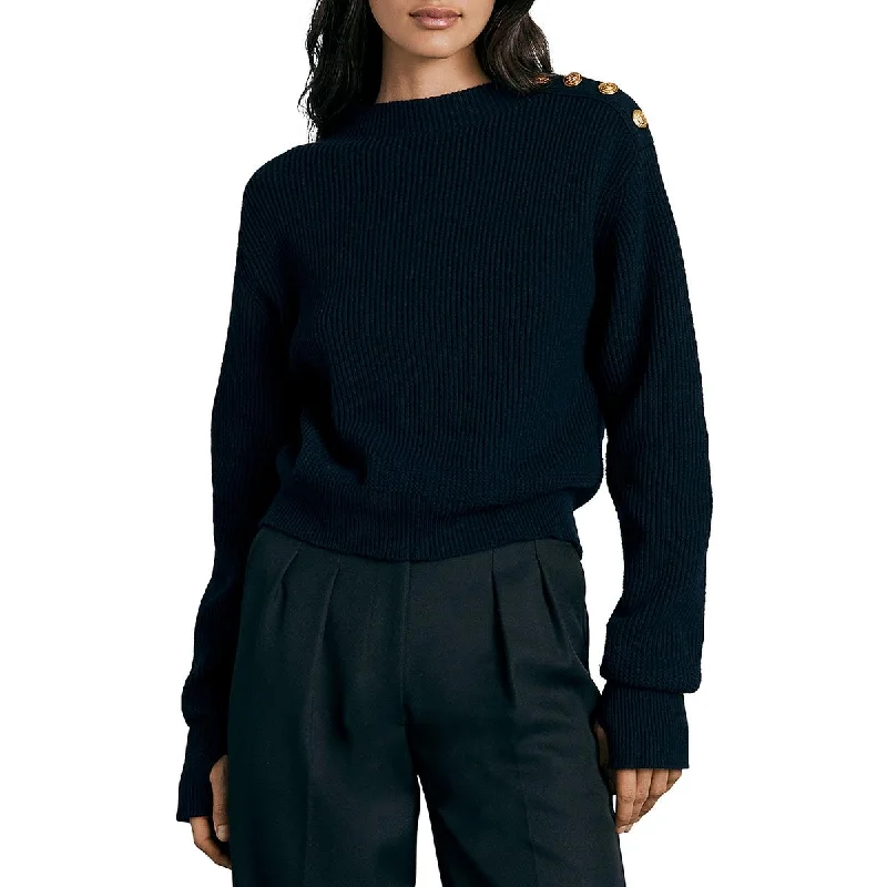 Womens Ribbed Crewneck Pullover Sweater Zippered Front Buttoned Front Snap Front