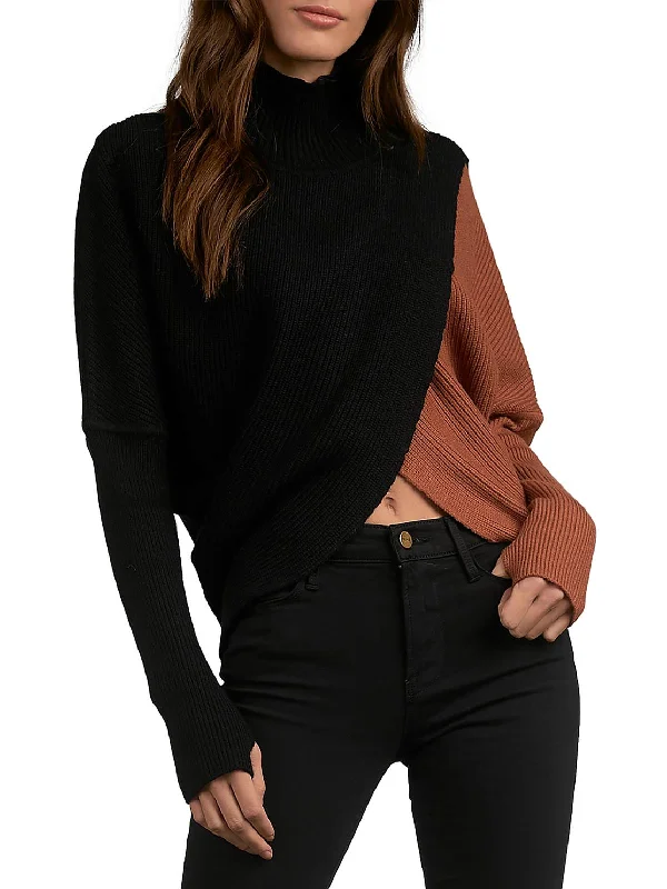 Womens Ribbed Knit Colorblock Mock Turtleneck Sweater Polka Dot Checkered Tartan