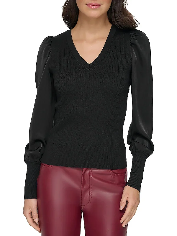 Womens Ribbed Lightweight V-Neck Sweater Spandex Blend Rayon Blend Denim Blend